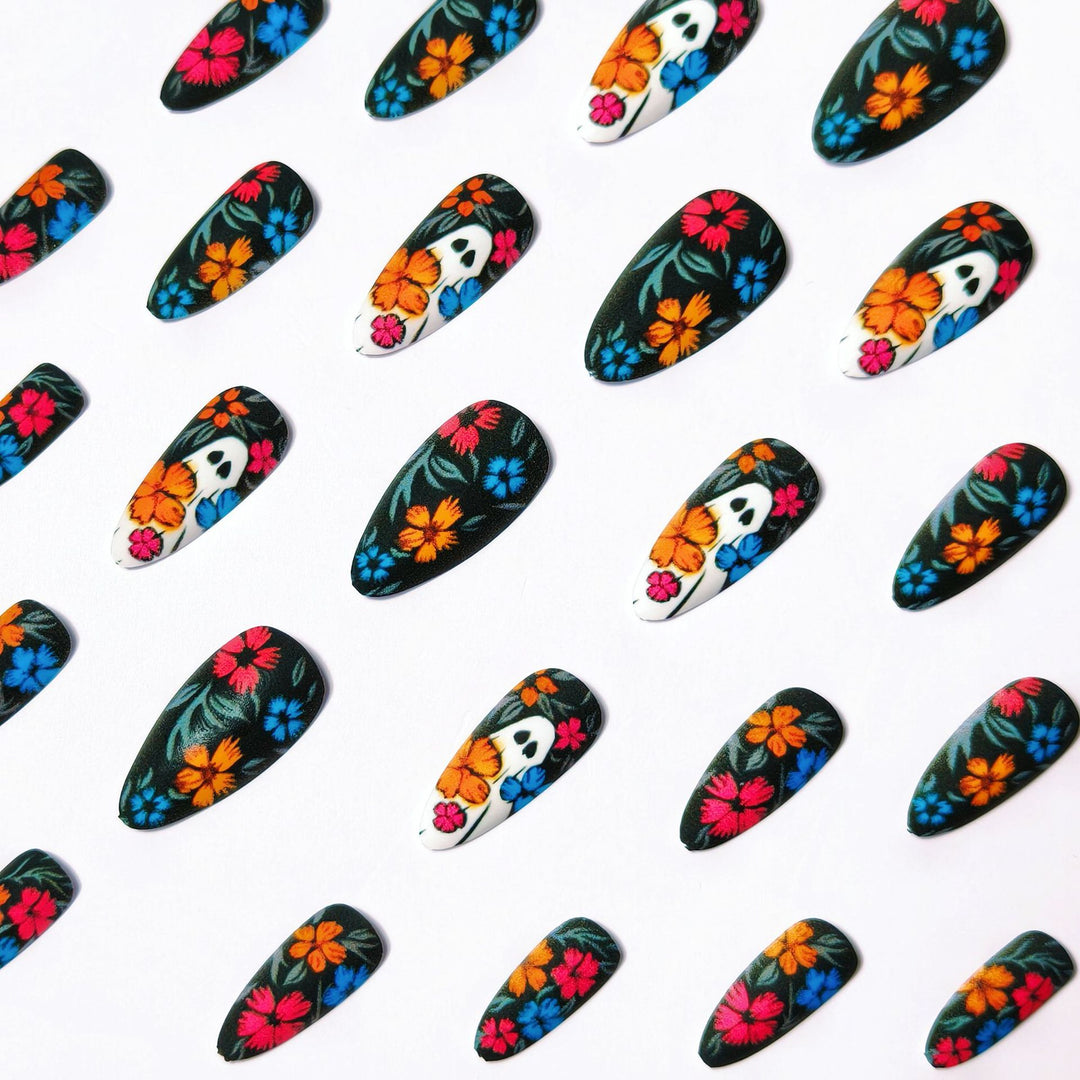 Creative Art Nails with Skull and Colorful Flower Design Bowlift