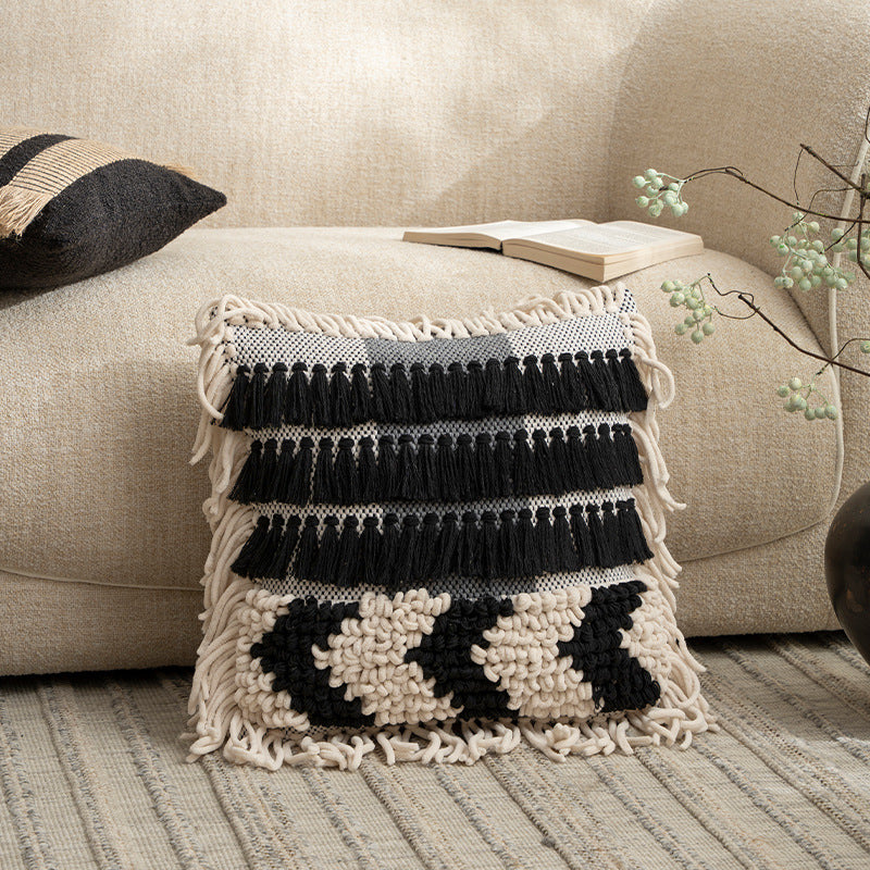 Boho cushion cover with macrame, tassels and relief texture Bowlift