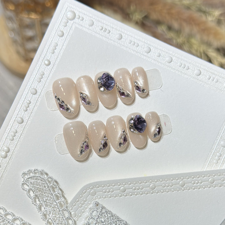 Decorative Gel Press-On Nail Set with Rhinestone Accents