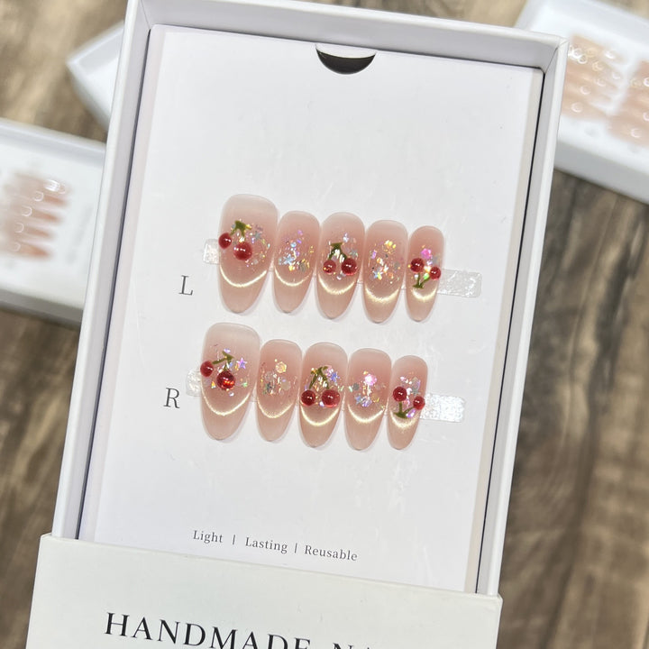 Handmade Cherry-Embossed Press-On Nail Set Bowlift