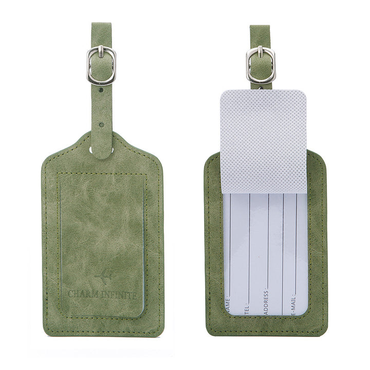 vintage leather luggage tag with transparent ID window and adjustable buckle strap Bowlift