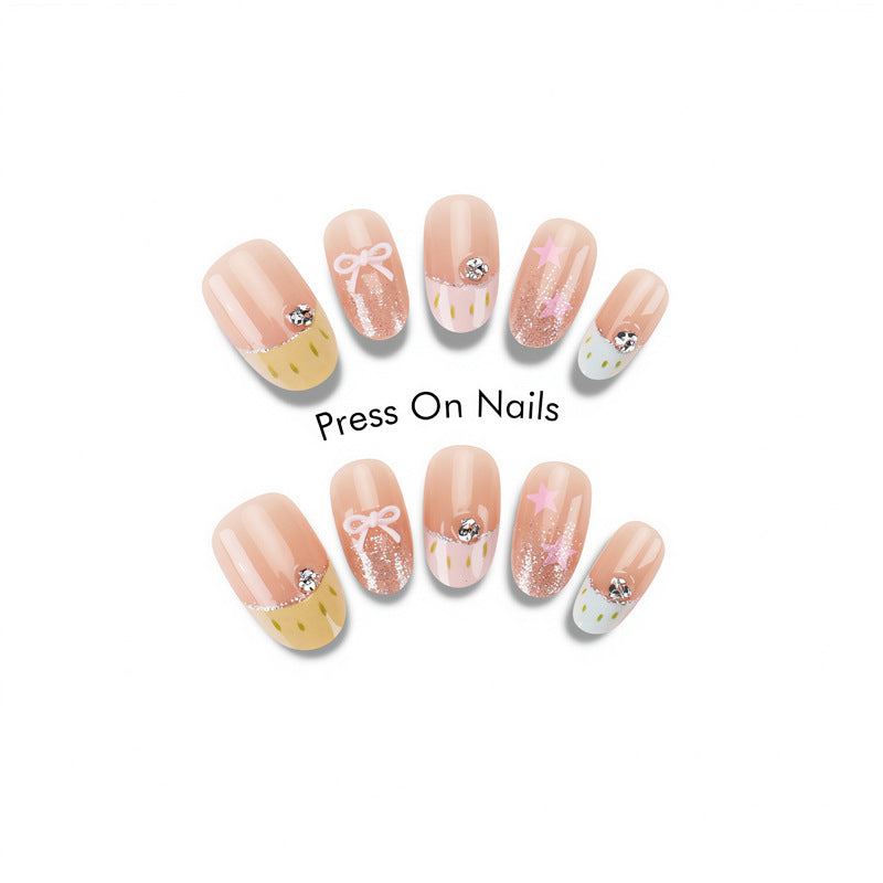 Artistic Press-On Nails Set with Decorative Accents Bowlift