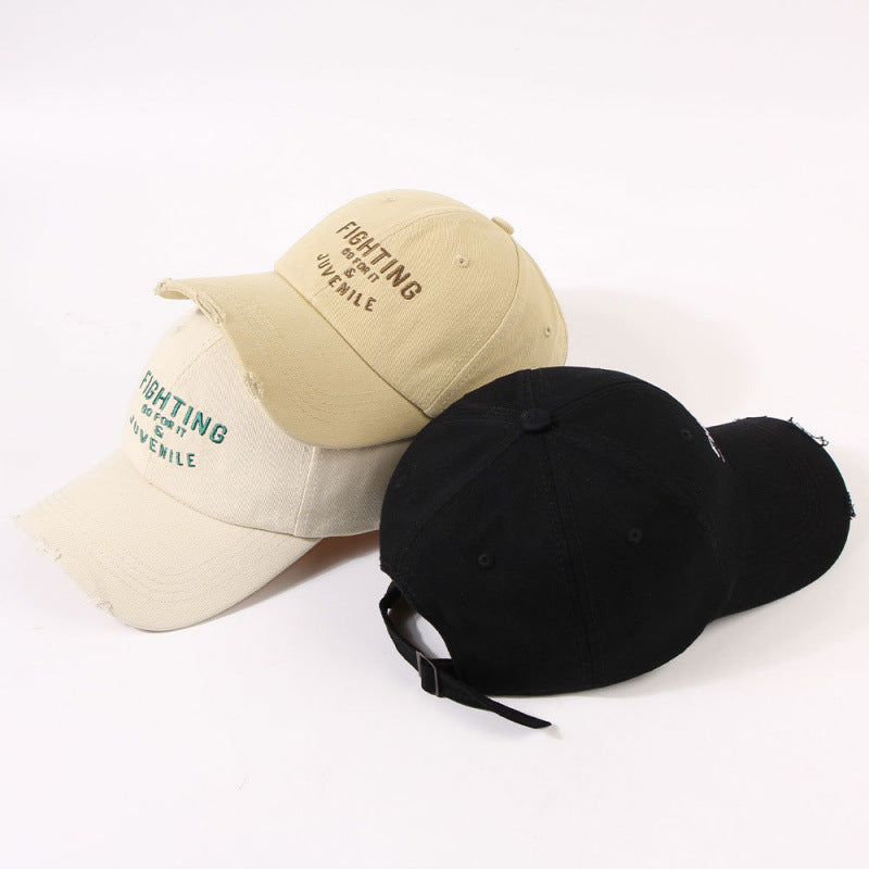 Women's Distressed Cotton Cap with Motivational Embroidery Bowlift