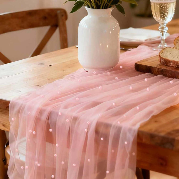 Elegant Table Runner with Pearl Detailing Bowlift