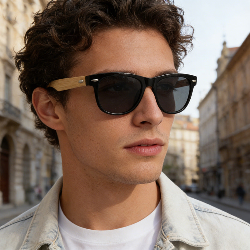 Rimless oversized cat eye polarized sunglasses with wood-effect temples Bowlift