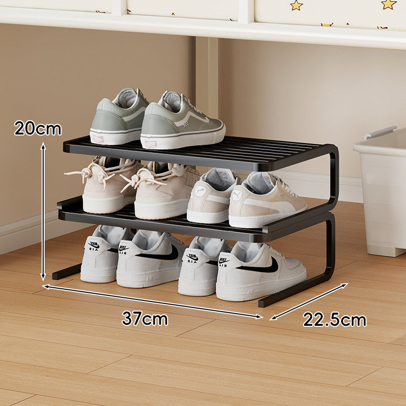 Compact Low-Profile Two-Level Metal Shoe Organizer Rack