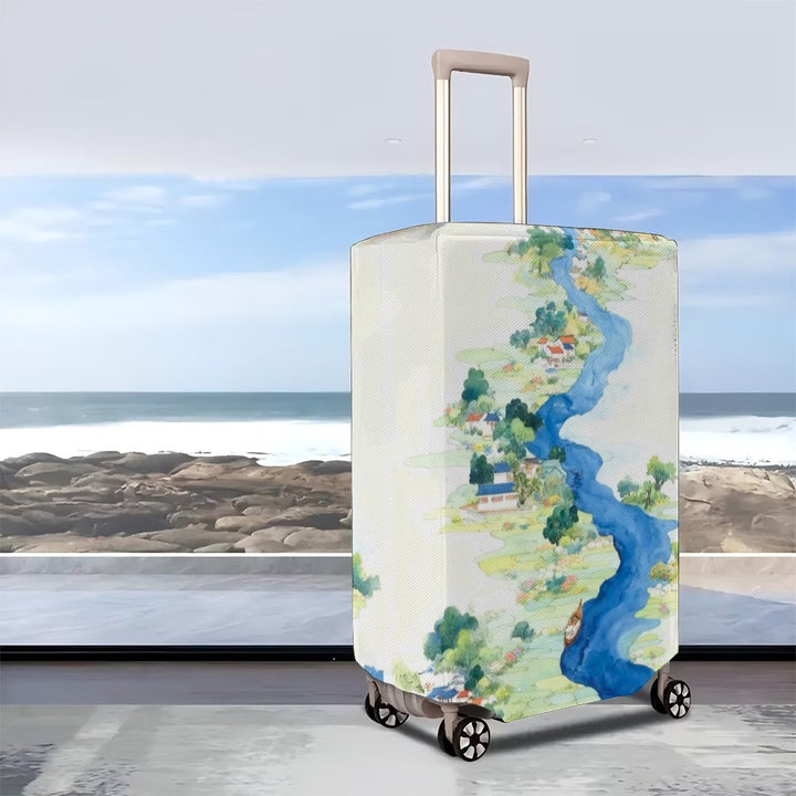 Unisex nan elastic suitcase cover with detailed river and village illustration print, tear-resistant stretch protection for hard shell and fabric trolley Bowlift