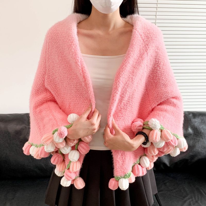 Poncho with Colorful Pom Pom Trim Bowlift