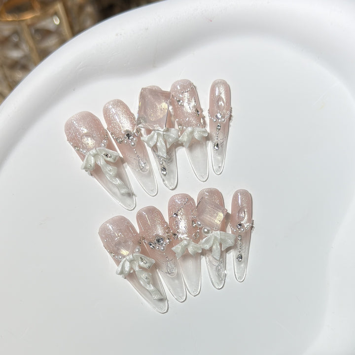 Elegant Press-On Acrylic Nail Set with Decorative Bow and Glitter Accents Bowlift