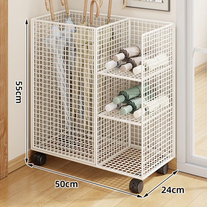 Metal Grid Umbrella and Folded-Umbrella Organizer Stand with Multi-Compartment Shelves