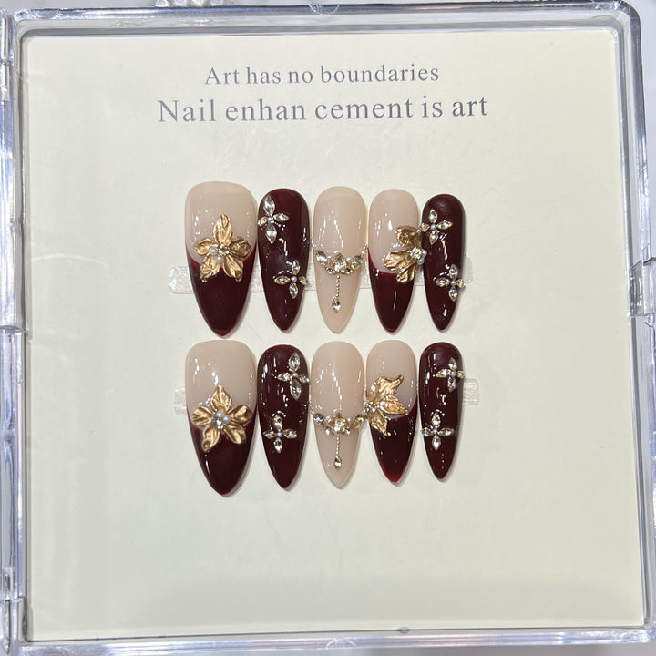 Artistic Press-On Nail Set with Elegant Floral Design Bowlift