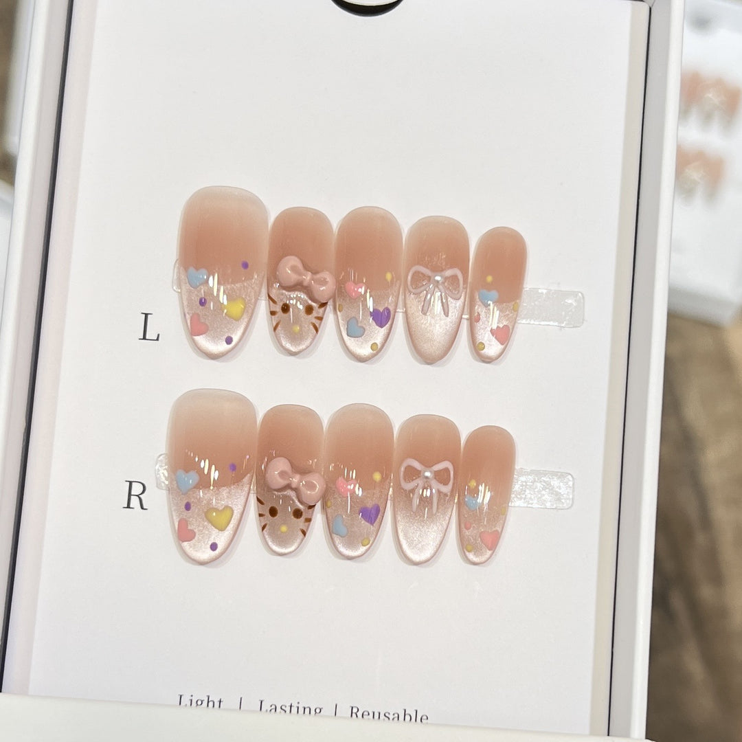 Decorative Press-On Nail Set with Colorful Heart and Bow Designs Bowlift