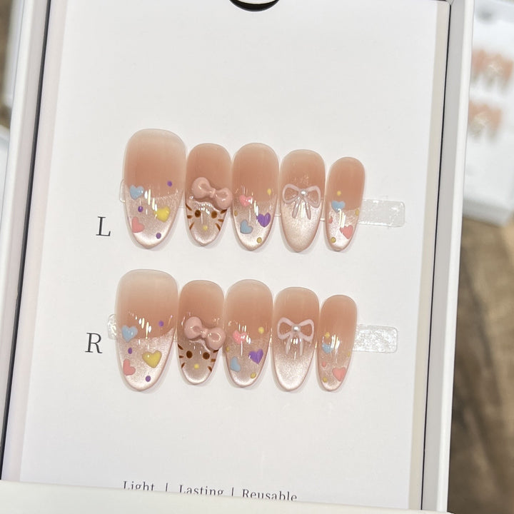 Decorative Press-On Nail Set with Colorful Heart and Bow Designs Bowlift