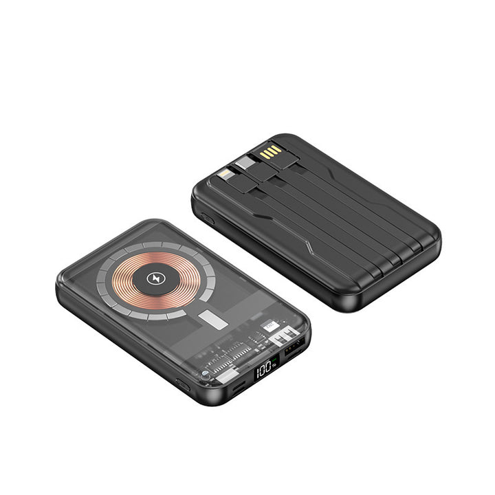 Portable power bank with wireless charging function and integrated cable system Bowlift
