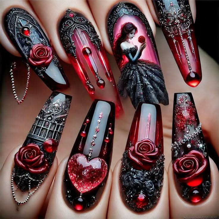 Nail Art Set with impressive 3D roses and Gothic motif Bowlift