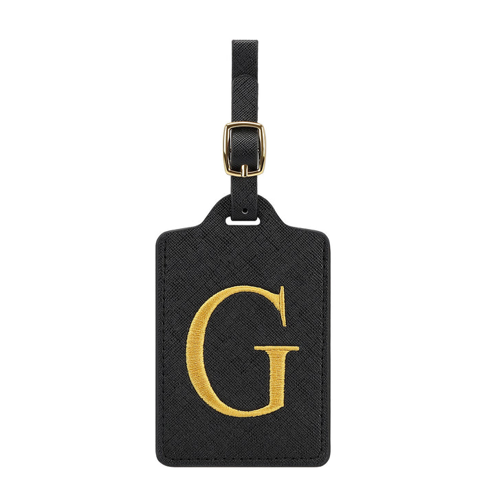 embroidered initial monogram leather luggage tag with adjustable buckle strap Bowlift