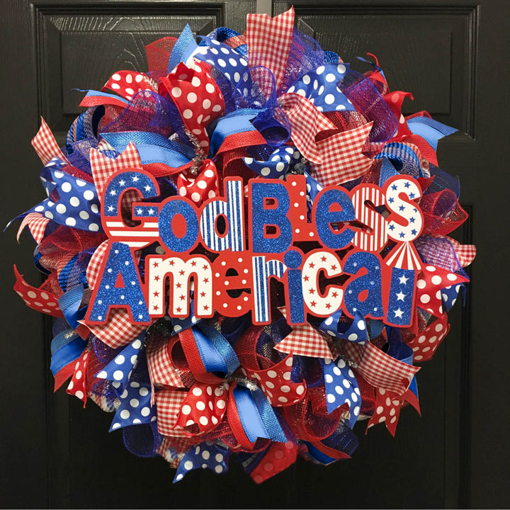 Unisex nan patriotic burlap starburst wreath with layered mesh petals and jute rosette center Bowlift