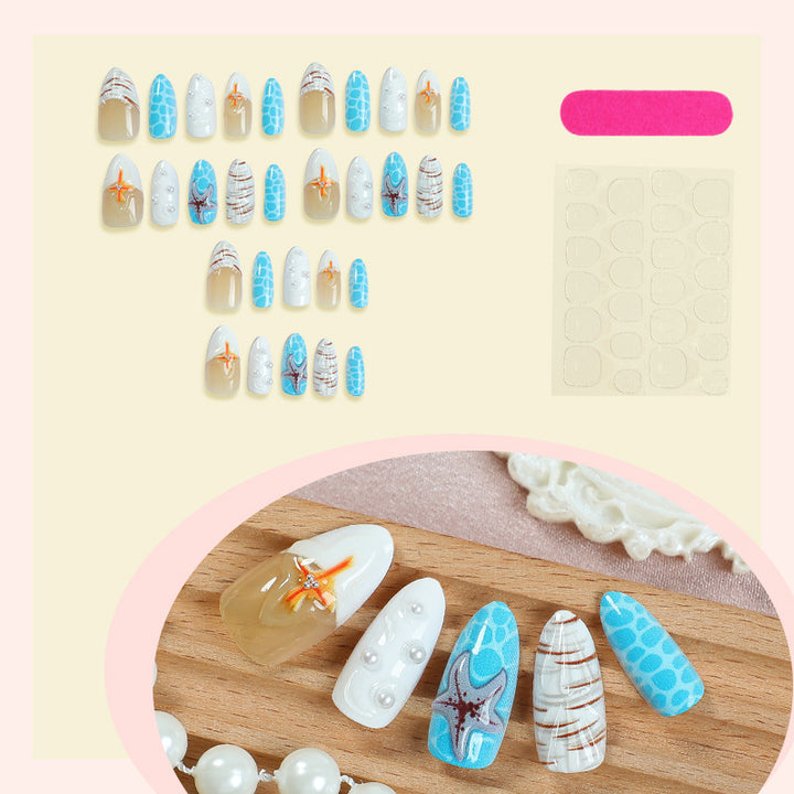 Beach-Inspired Press-On Nail Set with Ocean and Starfish Designs Bowlift