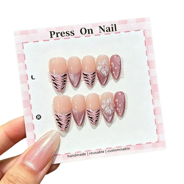 Artistic Press-On Nail Set with Customizable Floral and Tiger Stripe Design