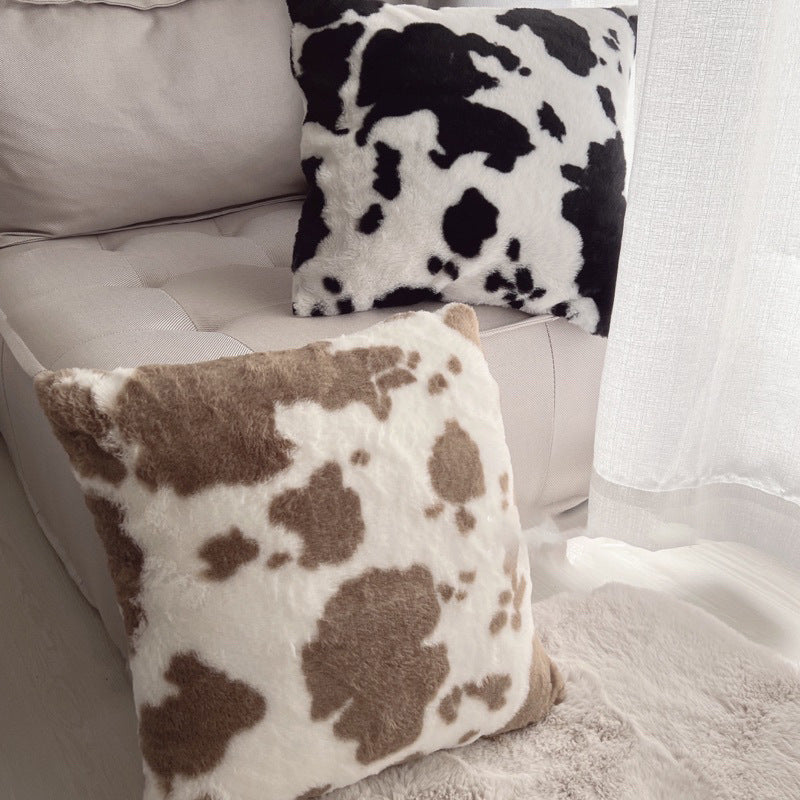 Square faux fur cushion cover with cow print pattern and extra soft plush surface Bowlift
