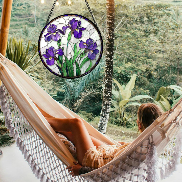 Round Stained Glass Suncatcher Window Panel With Purple Iris Tiffany-Style Leaded Art Glass