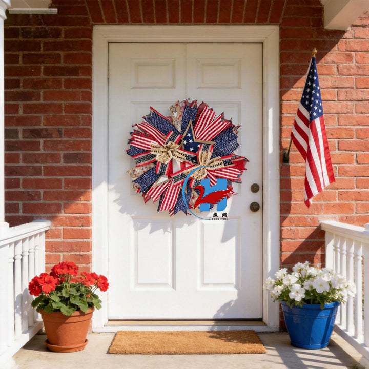 Unisex nan handcrafted patriotic star wreath with layered wooden stars, burlap ribbons and wired accents Bowlift