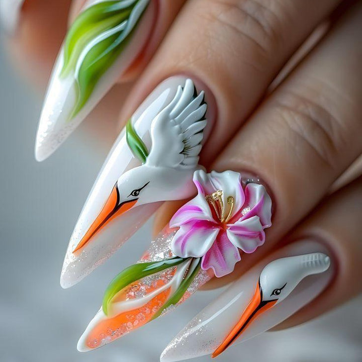 Artificial nails with floral and bird design Bowlift