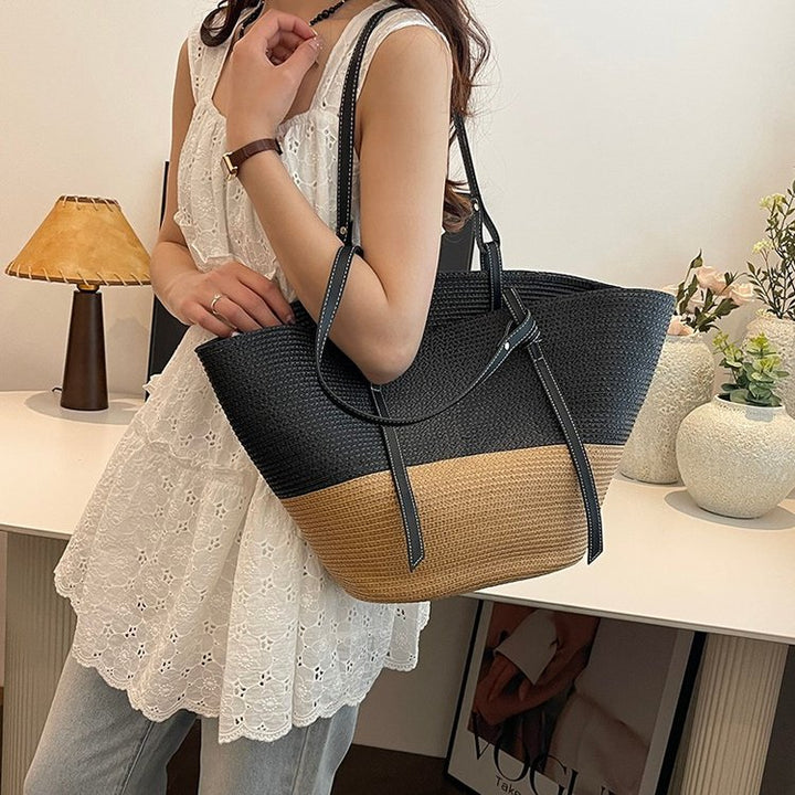 Elegant Beach Bag Made of Woven Natural Material with Leather Accents Bowlift