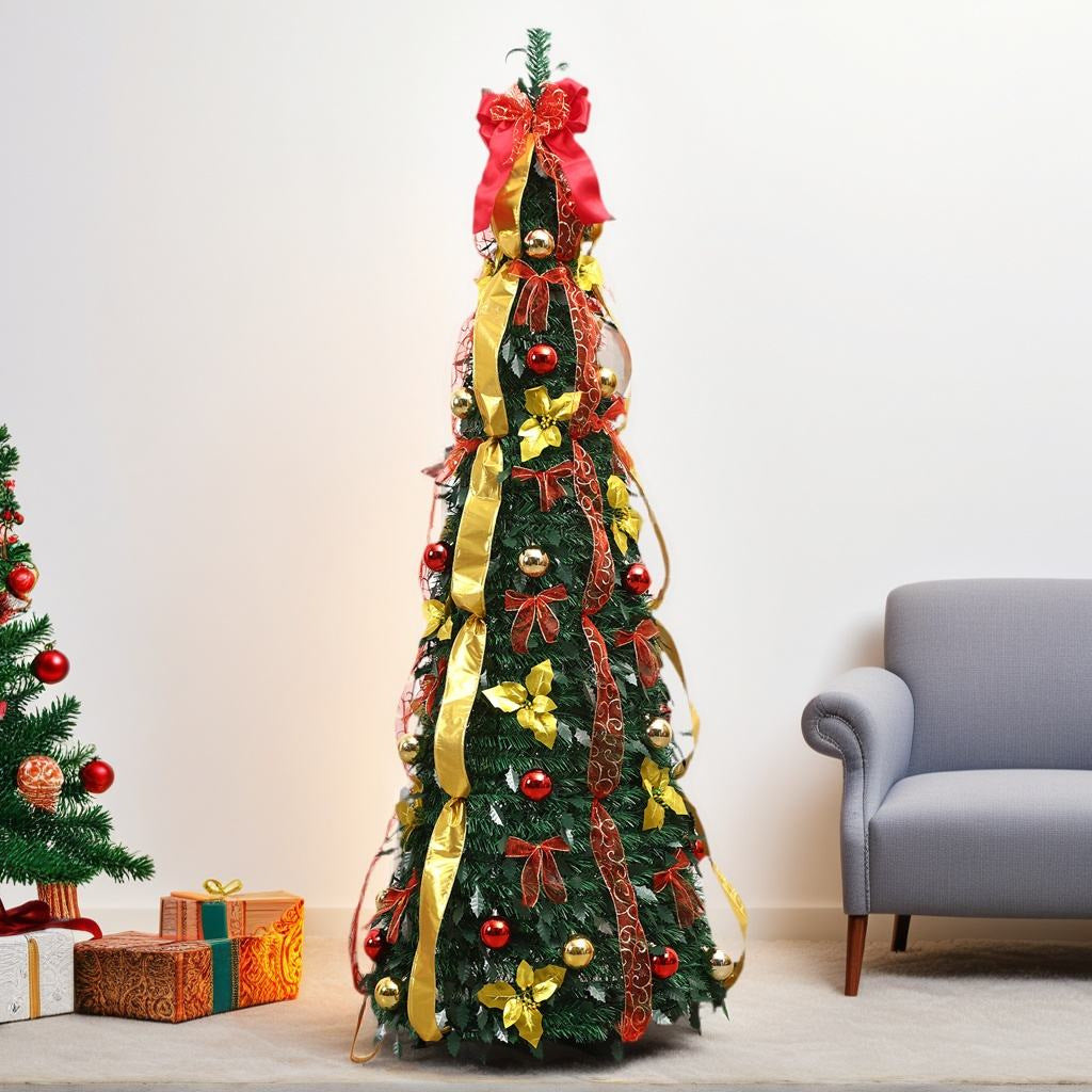 Slim Predecorated Tabletop Artificial Christmas Tree With Ribbon And Ornament Accents