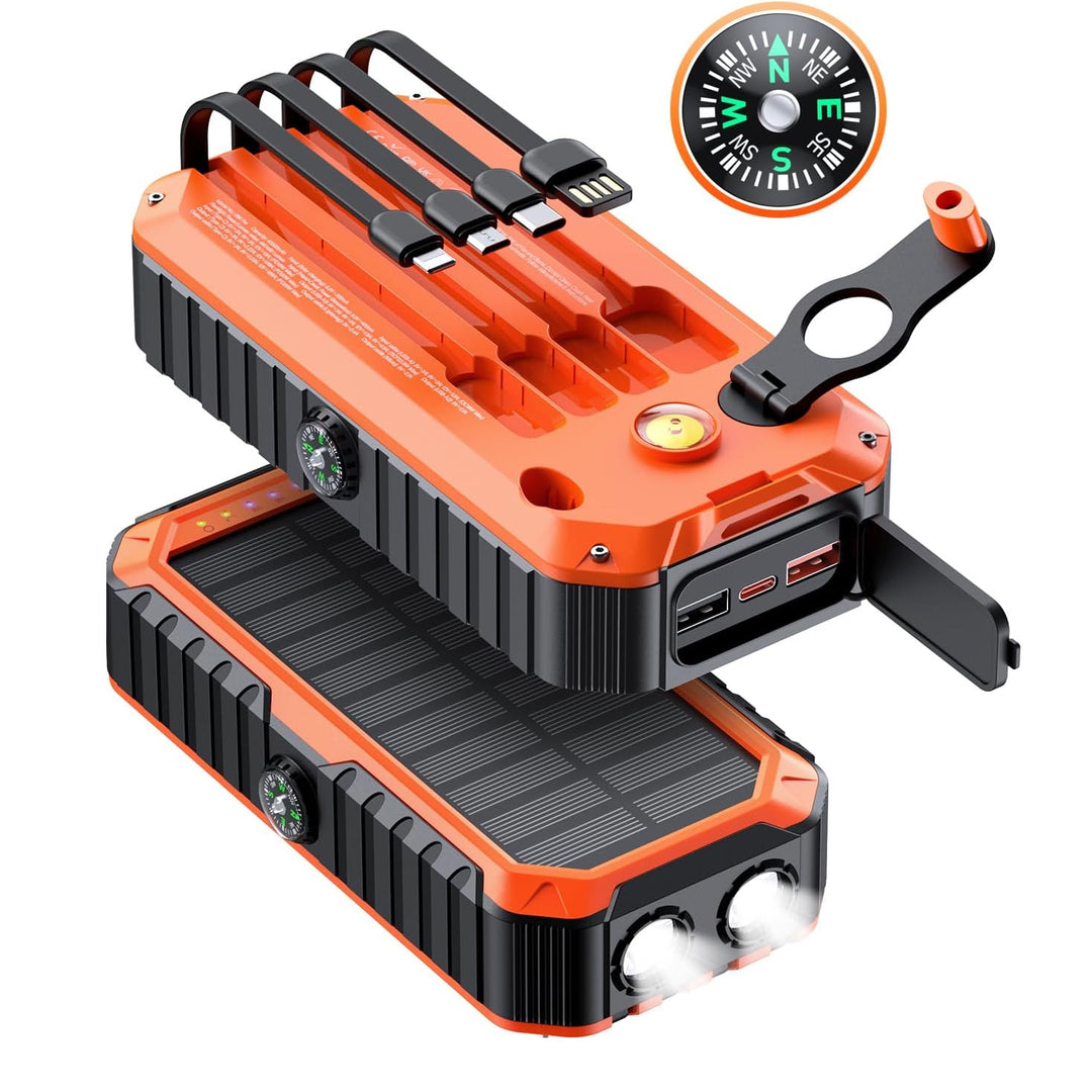 Solar Power Bank with Integrated Charging Cables and LED Flashlight Bowlift
