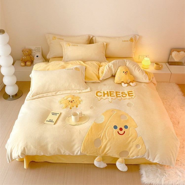 Cozy reversible bedding set with embroidered duck motif, appliqués, and Bowlift cuddle pillow