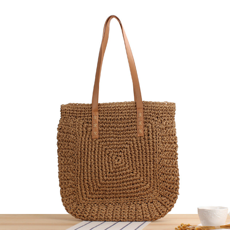 Natural bast shoulder bag with leather handles Bowlift