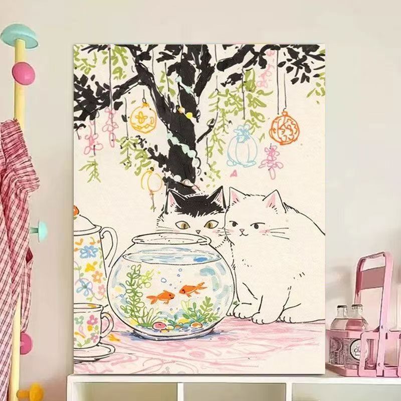 Whimsical Cat Illustration Canvas Art Print Bowlift