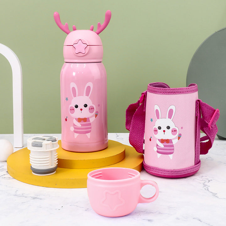 Ladies insulated drinking bottle with cute frog design and practical carrying strap Bowlift