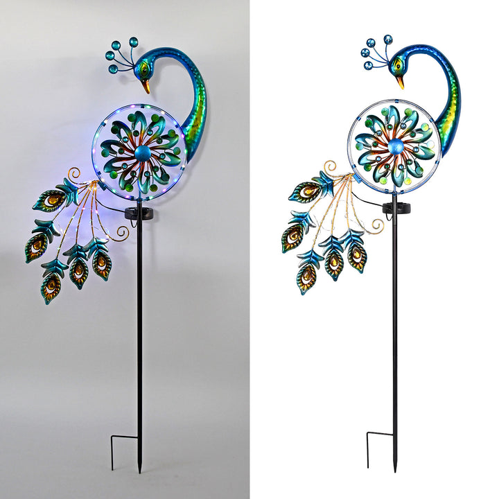 Decorative Metal Peacock Garden Stake Sculpture With Integrated LED Fairy Lights And Weatherproof Outdoor Stake Bowlift