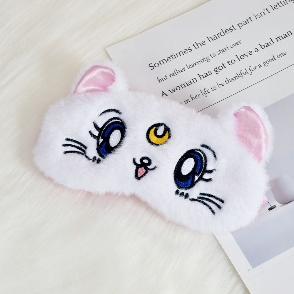 Women's fluffy sleep mask with embroidered cat design and soft comfort ears Bowlift