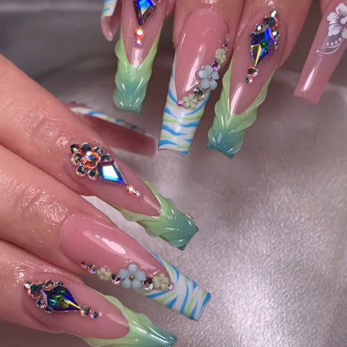 Decorative Long Press-On Nail Art with Gemstone Accents Bowlift