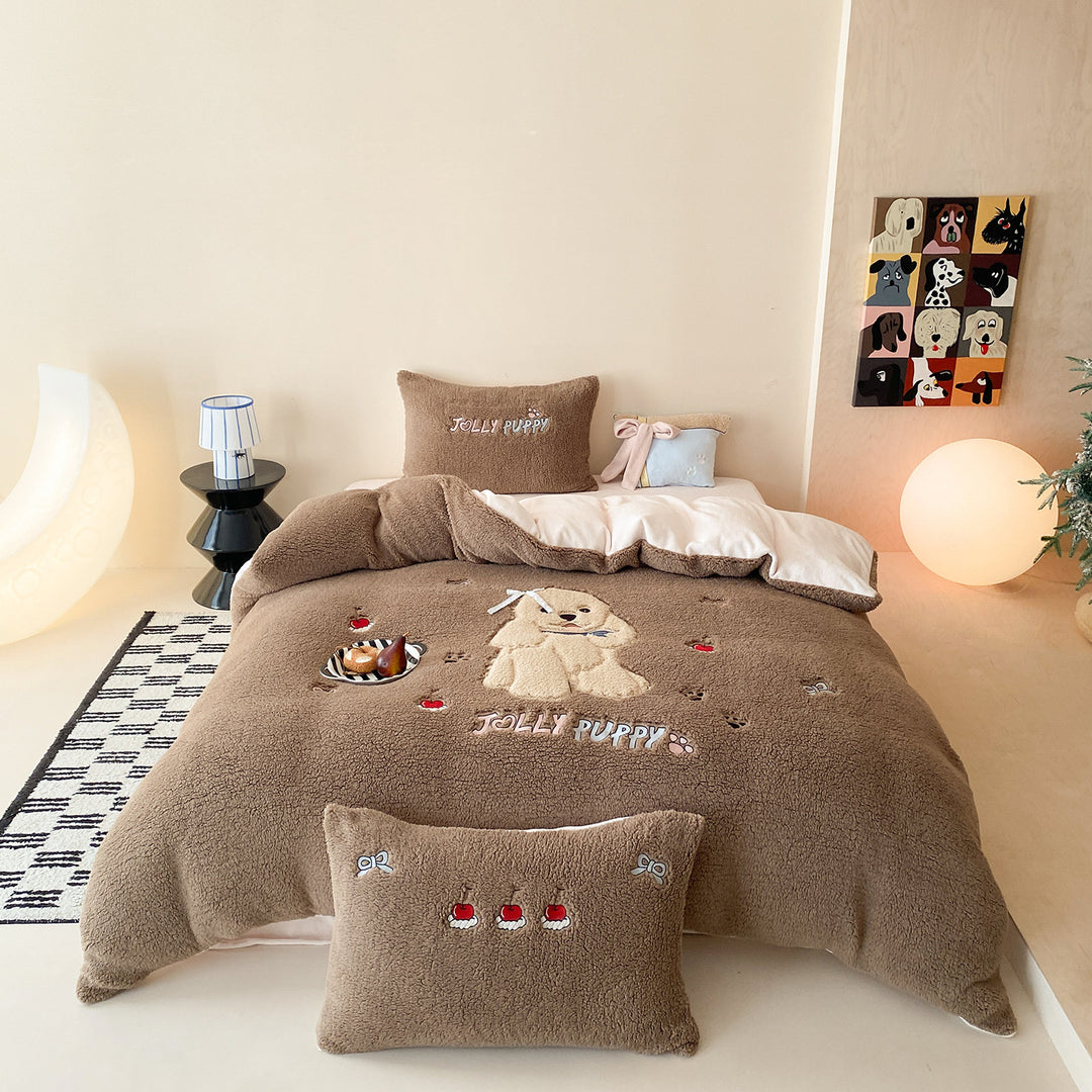 Plush bedding set with Sherpa finish, quilted cozy blanket, and embroidered puppy motif Bowlift