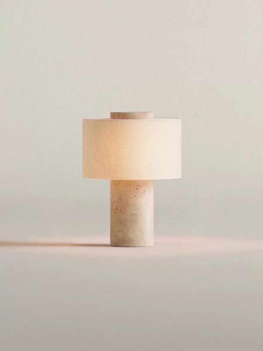Sculpted natural stone table lamp with fabric drum shade and dimmer Bowlift