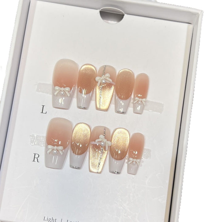 Elegant Reusable Press-On Nail Art Set with Pearl and Glitter Accents Bowlift