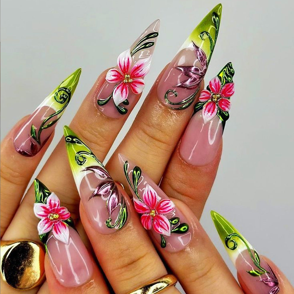 Artificial nails with intricate floral pattern and elegant gradient Bowlift