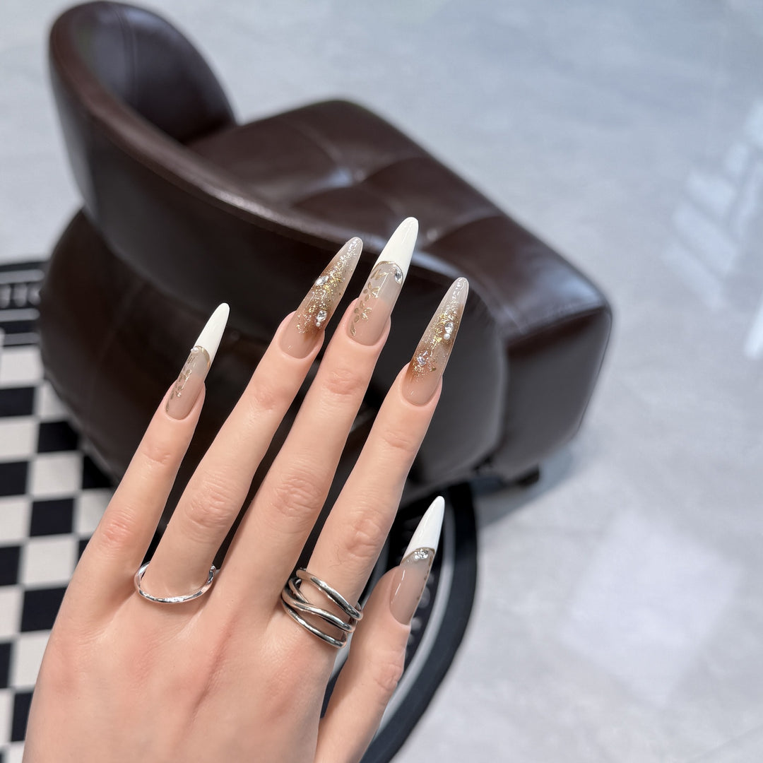 Elegant Stiletto Press-On Nail Set with Floral and Glitter Design Bowlift
