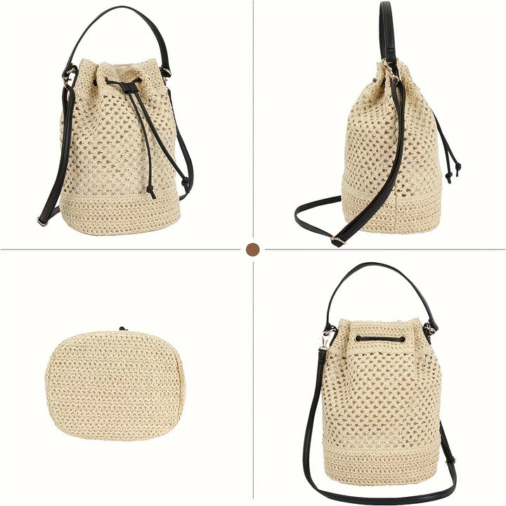 Elegant Handbag Made of Braided Natural Material with Stylish Drawstring Closure Bowlift
