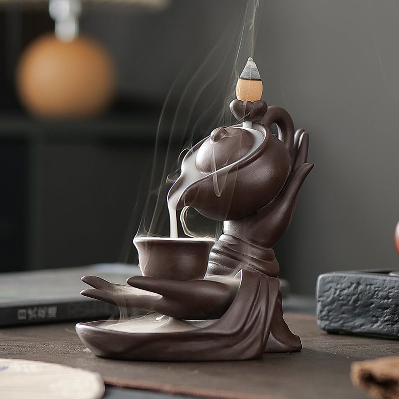 Ceramic Backflow Incense Burner Teapot Pouring Into Cup Hand Sculpture