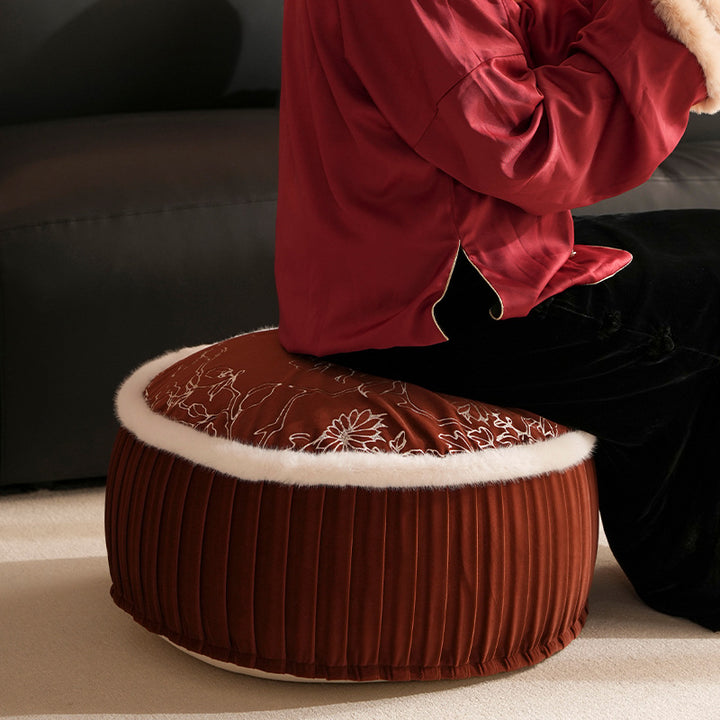 Round velvet floor pouf with floral embroidered top and faux fur trim Bowlift