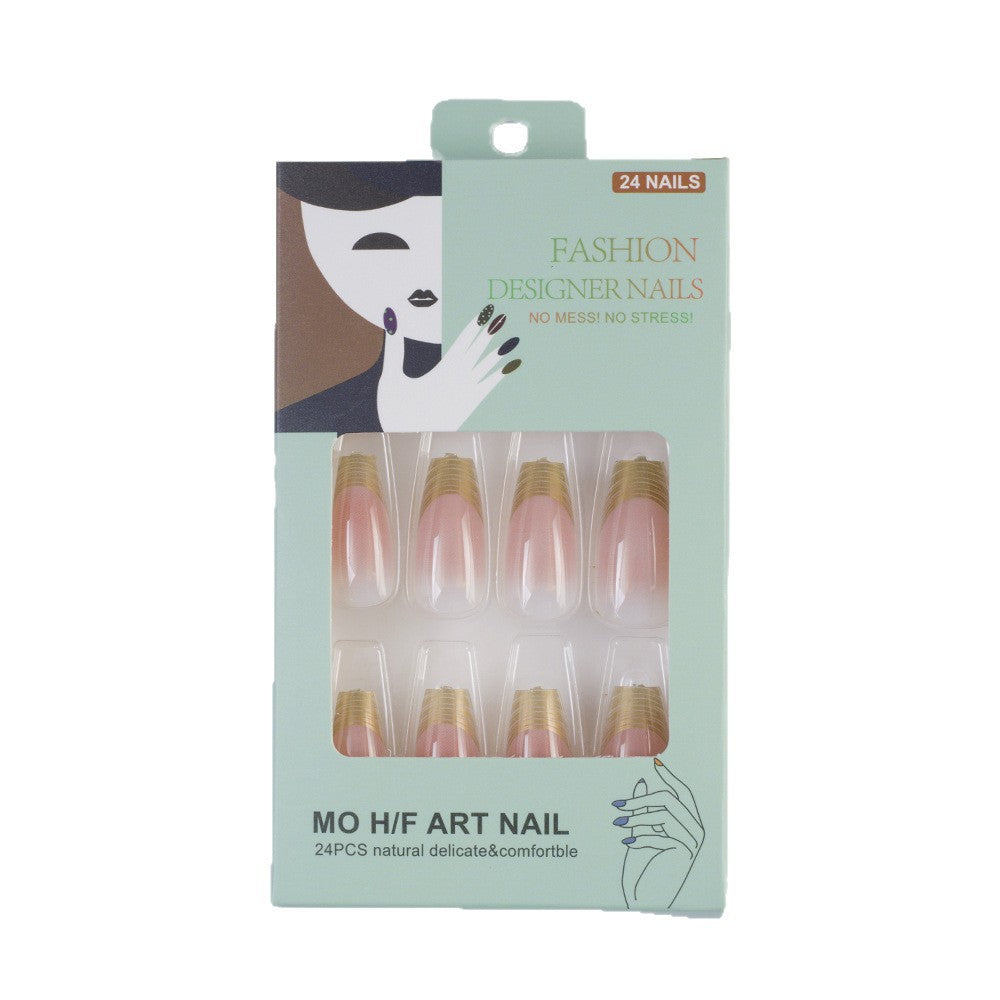 Acrylic Nail Set with Elegant Ombre Design and Golden Accents Bowlift