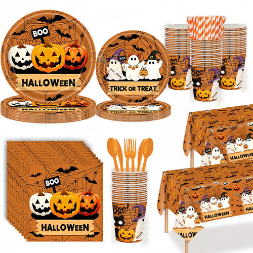 Disposable paper cups with Halloween pumpkin and ghost design stackable