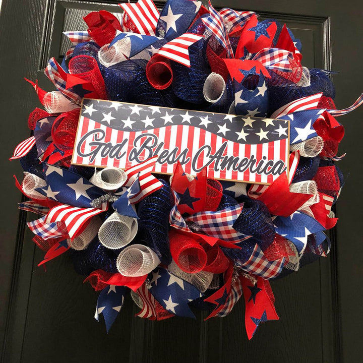 Unisex nan patriotic burlap starburst wreath with layered mesh petals and jute rosette center Bowlift