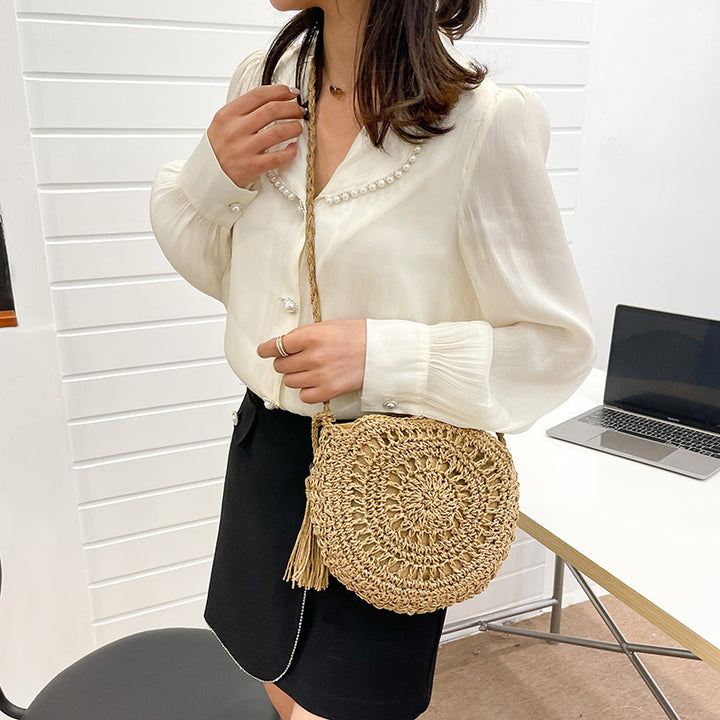 Beef Macrame Shoulder Bag with Tassel Bowlift