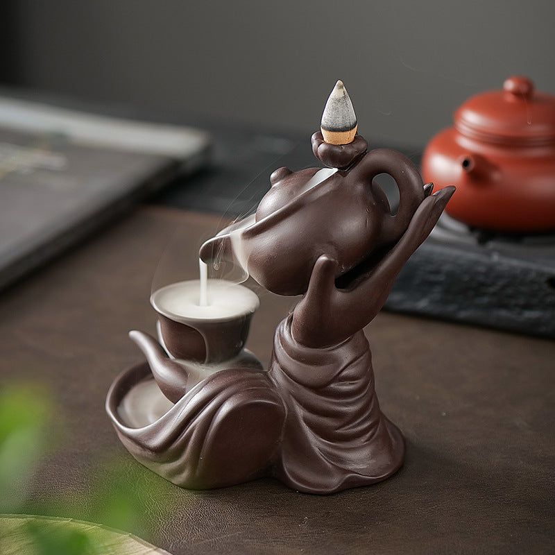 Ceramic Backflow Incense Burner Teapot Pouring Into Cup Hand Sculpture